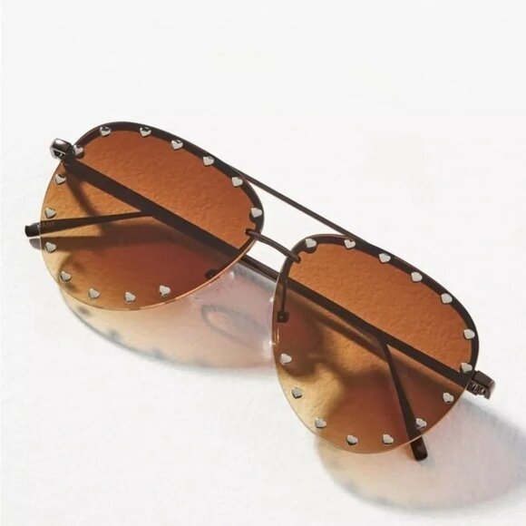 ❤️ ANTHROPOLOGIE x I-SEA Studded Heart Aviator Sunglasses Brown Gradient - Picture 1 of 11
